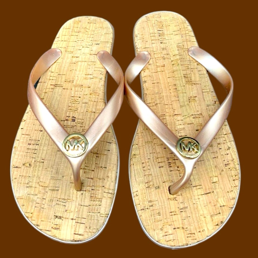 MK Michael Kors Jet Set Jelly Flip Flop Sandals Pink Champagne Straps PVC/Cork 7